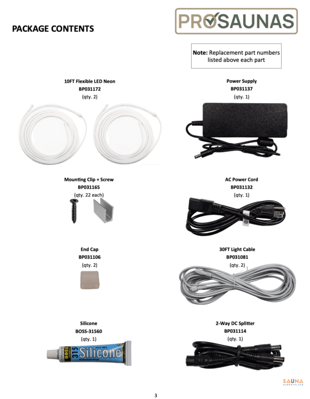 Contents of ProSauna Sauna LED Strip Package with two strips